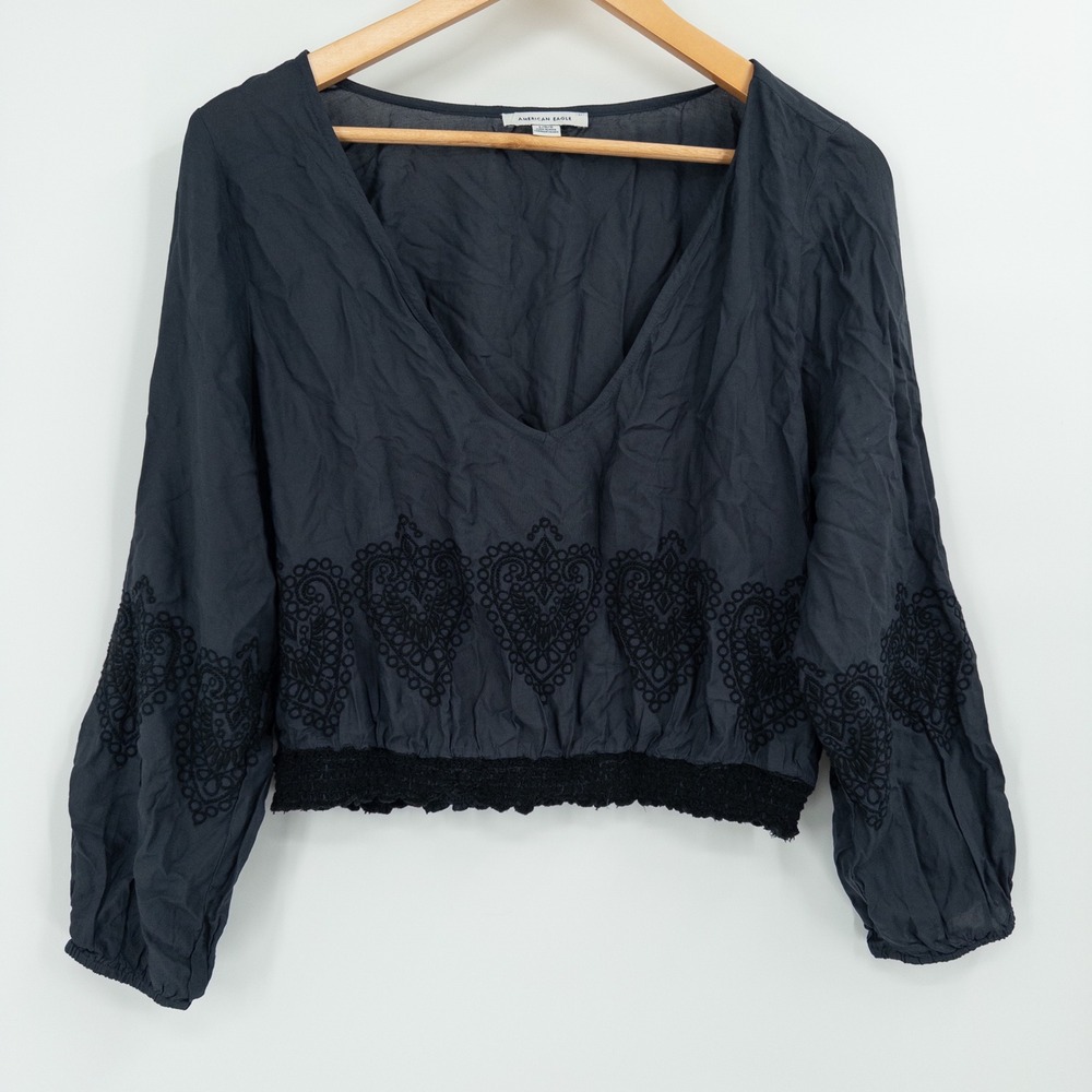 Whimsigoth American Eagle Dark Blue Peasant Crop Top Sz L Heart Romantic Soft